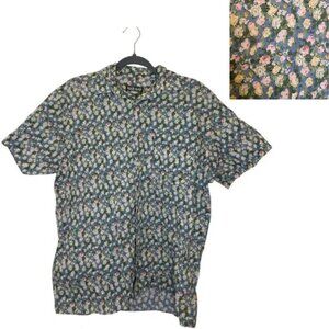 Naf Naf Blue Floral Print Button Down Shirt Retro 90s Style Short Sleeve Medium